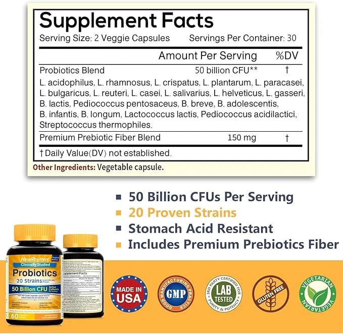 NewRhythm Probiotics 50 Billion CFU 20 60 Veggie