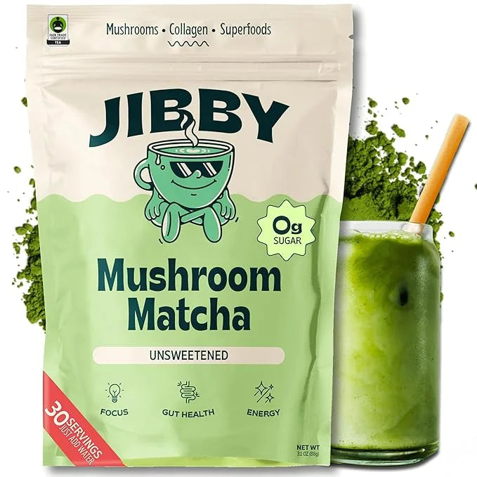 JIBBY Mushroom Matcha Super Latte - Ceremonial Grade Green Tea Organic Matcha Powder, Collagen, MCT Oil, Superfood Mushroo...