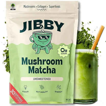 JIBBY Mushroom Matcha Super Latte - Ceremonial Grade Green Tea Organic Matcha Powder, Collagen, MCT Oil, Superfood Mushroo...