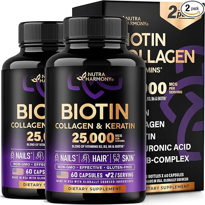 Biotin | Collagen | Keratin | 25000 mcg B1 | B2 | B3 | B6 | B7 - 120 Capsules