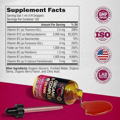USDA Organic Vitamin B-Complex B5 Pantothenic Acid B12 Methylcobalamin B1 Thiamine B6 Pyridoxine B7 Biotin B9 Folic B3 Nia...