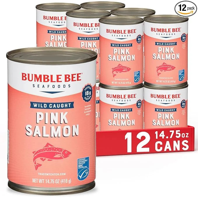 Bumble Bee Canned Pink Salmon, 14.75 oz Cans (Pack of 12) - Premium Wild Caught Salmon with Skin & Bones - 18g Protein per...