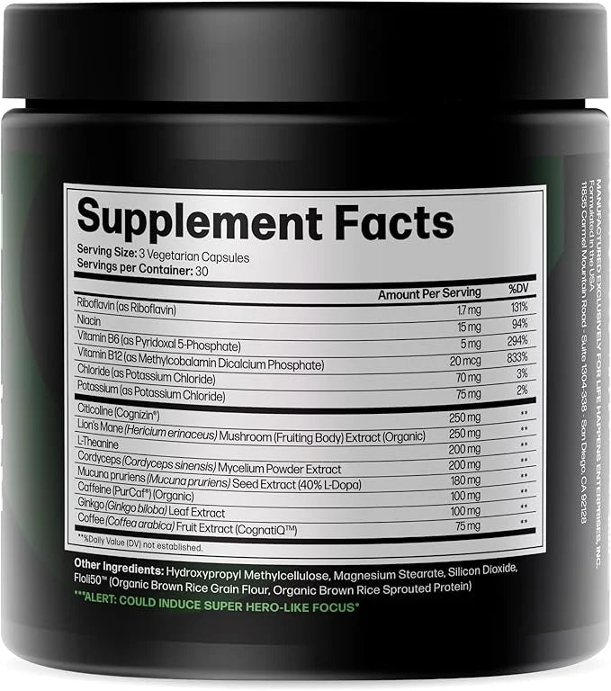 Life Happns Level Up Energy and Focus Supplement with Lions Mane, Ginkgo Biloba, L Theanine, Cordyceps Mushroom, Vitamin B...