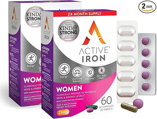 Active Iron for Women, Non-Constipating, 30 Active Iron High Potency Capsules with 30 Multivitamin Tablets, Helps Strength...