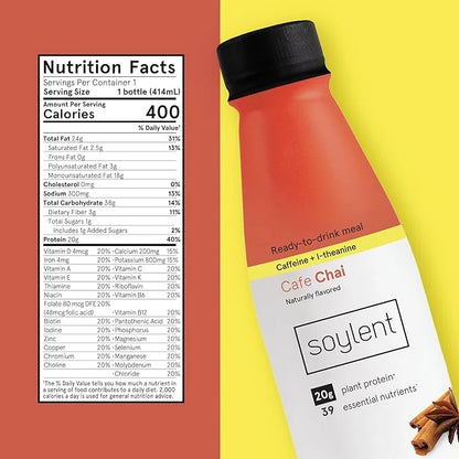 Soylent Complete Nutrition Gluten-Free Vegan Protein Meal Replacement Shake, Cafe Chai, 14 Oz, 12 Pack - Product Image