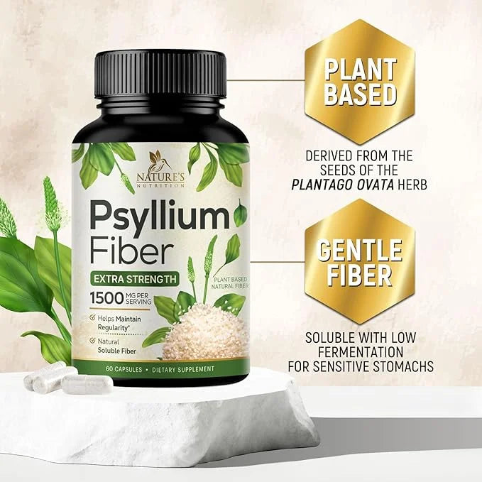 Psyllium Husk Capsules 1500mg, Natural Soluble 60 Capsules