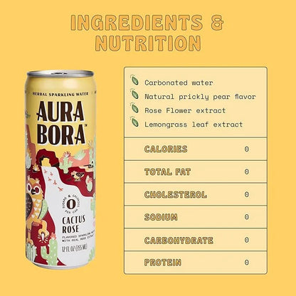 Aura Bora, Cactus Rose Herbal Sparkling Water, 12 oz Can (Pack of 12), 0 Calories, 0 Sugar, 0 Sodium, Non-GMO - Product Image