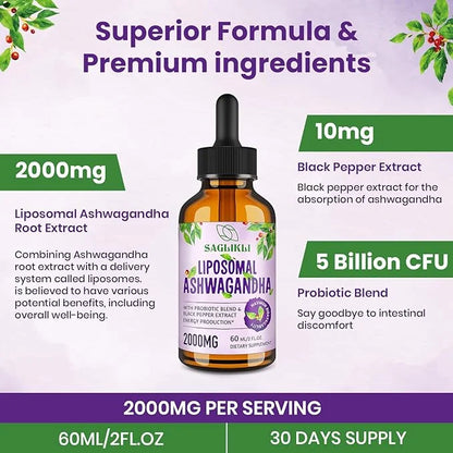 Liposomal Ashwagandha Liquid Drops 2000mg, Ashwagandha (7% Withanolides) 4 FL.OZ (2 Bottle)