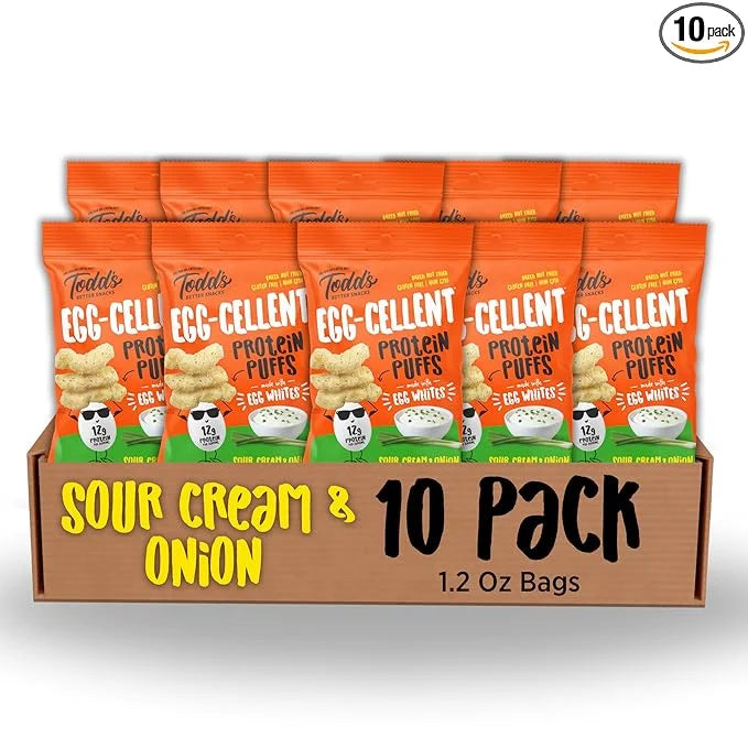 Todd's Better Snacks Egg-Cellent Protein Puffs, Sour Cream & Onion, 1.2 Oz (Pack of 10), Made with Egg Whites, 12g Protein...