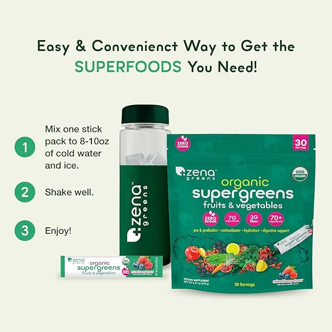 Zena Greens Organic Supergreens Powder 30 8g 8g Sticks |70+ Superfood 3G Fiber 0 Sugar