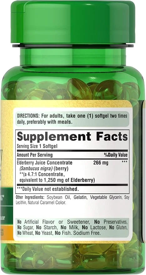 Puritan's Pride Elderberry Sambucus 1250mg, Supports 60ct (Pack 2)