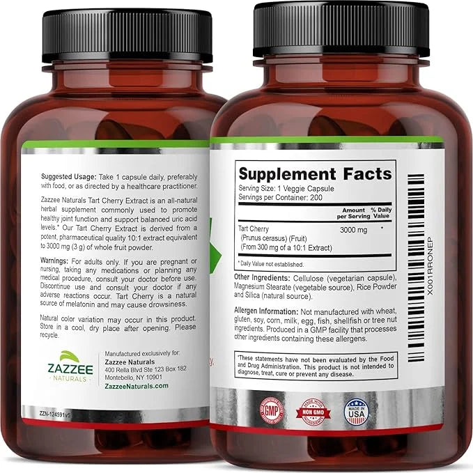 Zazzee Tart Cherry 10:1 Extract, 3000 200 Vegan 6+ Month 10X Extract, 100% Vegetarian,