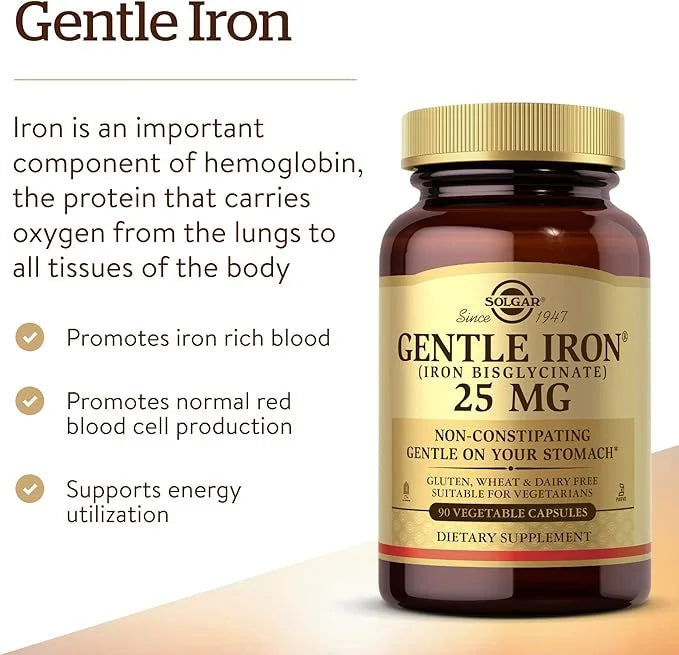 Solgar Gentle Iron 25mg, 90 Vegetable Capsules - Energy, Normal Red Blood Cell Production - Gentle on the Stomach - Non-GM...
