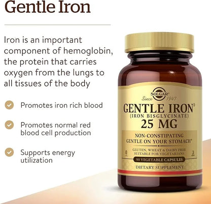 Solgar Gentle Iron 25mg, 90 Vegetable Capsules - Energy, Normal Red Blood Cell Production - Gentle on the Stomach - Non-GM...