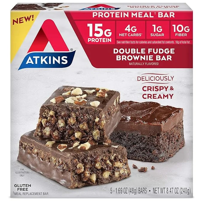 Atkins Double Fudge Brownie Protein Meal Bar, High Fiber, 15g Protein, 1g Sugar, 4g Net Carb, Meal Replacement, Keto Frien...