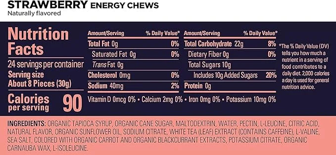GU Energy Chews, Strawberry Energy Gummies with Electrolytes, Vegan, Gluten-Free, Kosher, 20 mg of Caffeine, and Dairy-Fre...