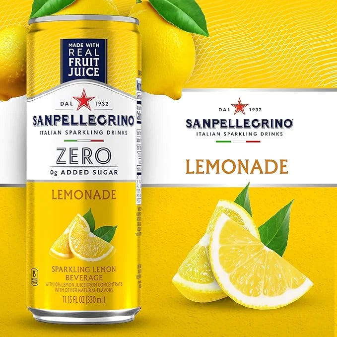 Sanpellegrino Zero Grams Added Sugar Italian Sparkling Drinks Lemonade, Sparkling Lemon Beverage, 24 Pack of 11.15 Fl Oz C...
