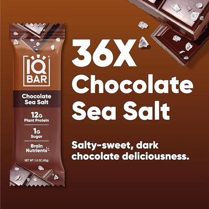 IQBAR Brain and Body Plant Protein Bars - Chocolate Sea Salt - 36-Count Low Carb - Gluten Free, High Fiber, Vegan Snacks -...