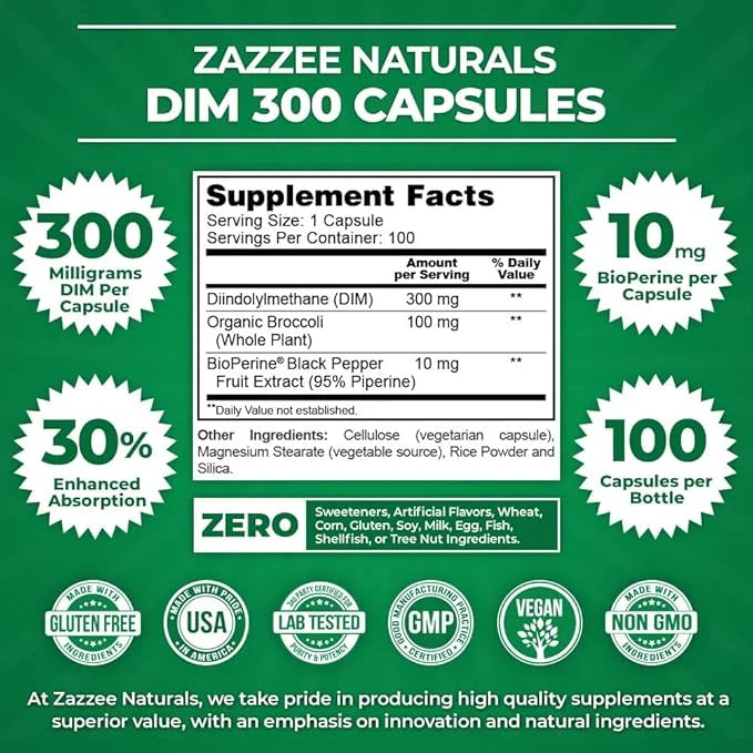 Zazzee DIM 300 mg Per Capsule, 100 Count, Plus 10 mg BioPerine, Estrogen Balance, Hormonal Acne, Menopause Support, Hormon...