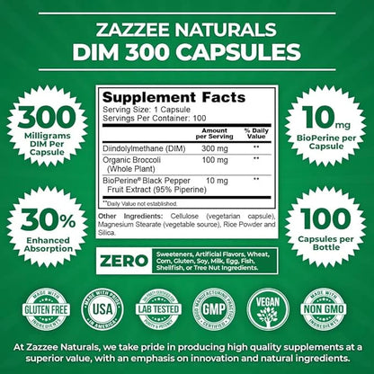 Zazzee DIM 300 mg Per Capsule, 100 Count, Plus 10 mg BioPerine, Estrogen Balance, Hormonal Acne, Menopause Support, Hormon...