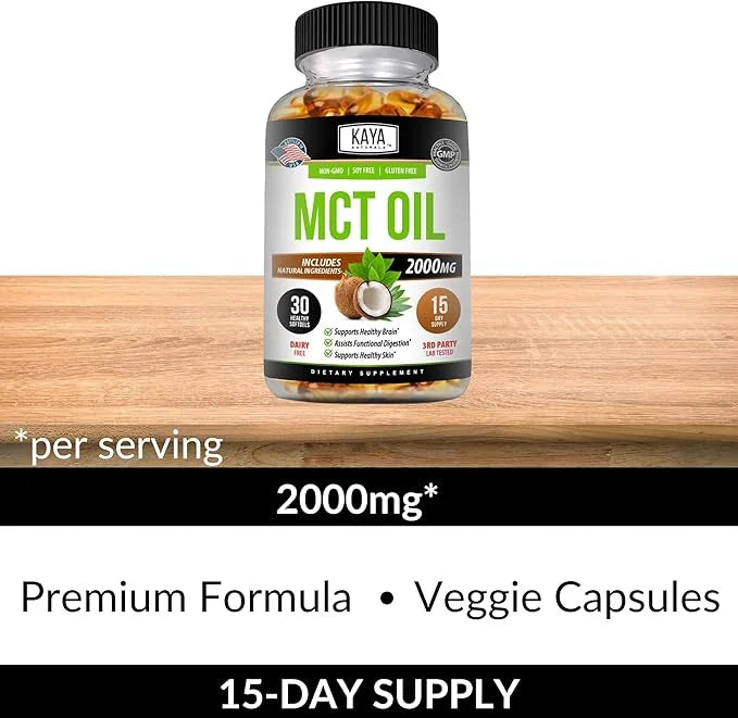 Kaya Naturals MCT Oil 2000mg - Non-GMO, Soy-Free, Gluten-Free - Brain, Digestive & Skin Health - 30 Softgels - Product Image