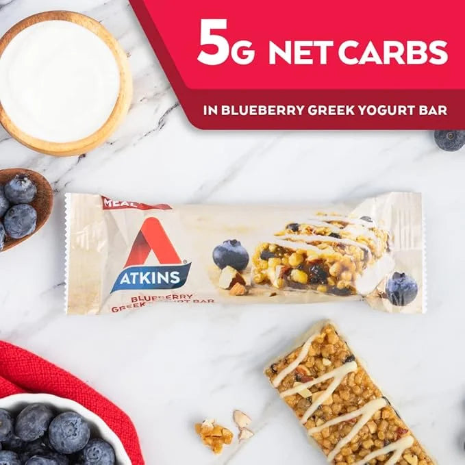 Atkins Blueberry Greek Yogurt Protein Meal Bar, High Fiber, 15g Protein, 3g Sugar, 5g Net Carbs, Meal Replacement, Keto Fr...