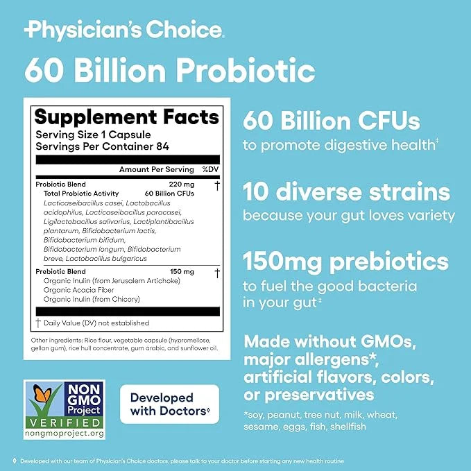 Physician's CHOICE Probiotics 60 Billion CFU - 10 Strains + Organic Prebiotics - Immune, Digestive & Gut Health - Supports...