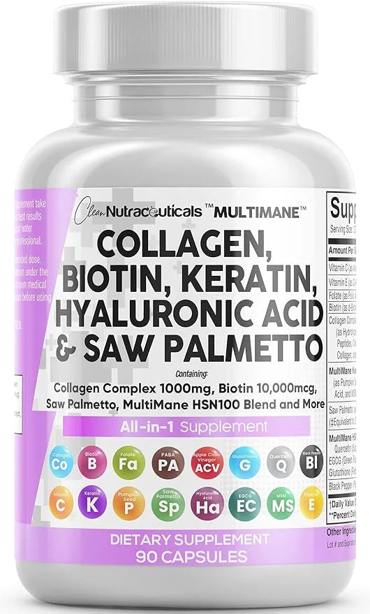 Collagen Pills 1000mg Biotin 10000mcg Keratin 2500mg Hyaluronic 90 Count