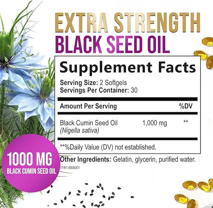 Black Seed Oil 1000mg - Premium Extra Strength Nigella Sativa Black Seed Oil - Black Cumin Seed Oil for Skin, Digestive He...