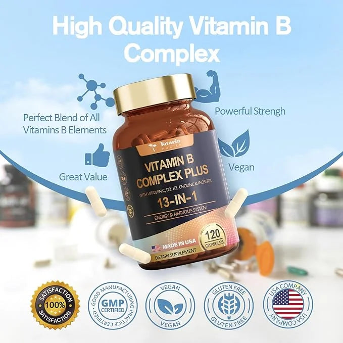 13-in-1 Vitamin B Complex Plus B1, B2, B2, B3 B3 (Niacinamide), B4, B5, B5, B6, B6, B7 B7 (Biotin), B8 (Inositol), B9 (Fol...