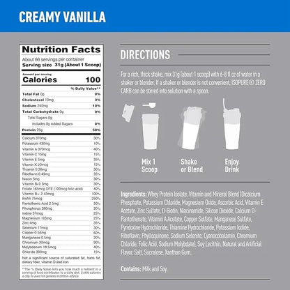 Isopure Zero Carb 100% Pure Whey Isolate Protein Powder, Lactose Free, Gluten Free, With Vitamins, Creamy Vanilla, 25g Pro...