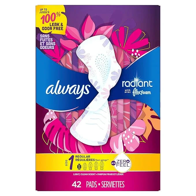 Always Radiant Feminine Pads for Women, 1 Regular, 42 CT