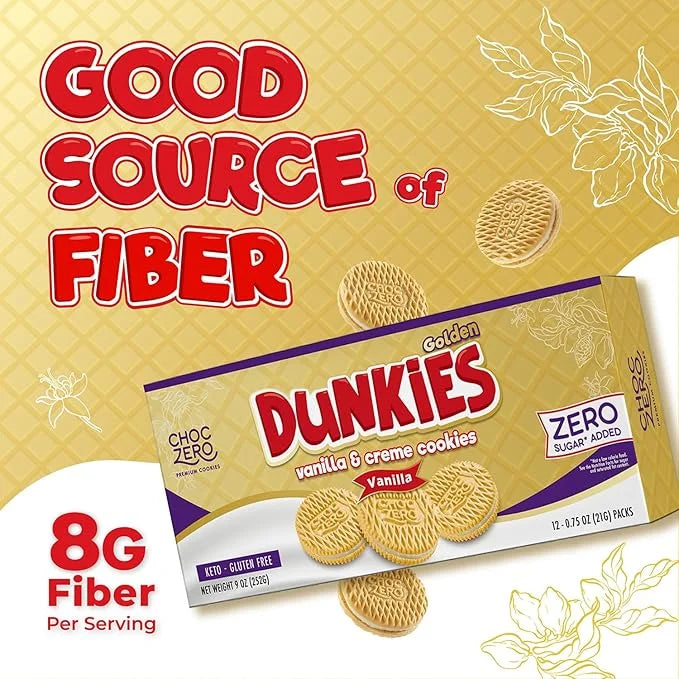 ChocZero Gluten-Free Vanilla Sandwich Cookies with Creme - Low Sugar, Keto Friendly Dunkies (1 Box, 9oz) - Product Image