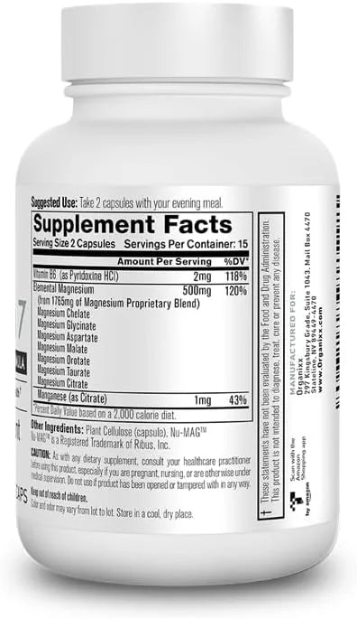Organixx Magnesium Supplement, Natural Magnesium Capsules B6 and (30 Count)