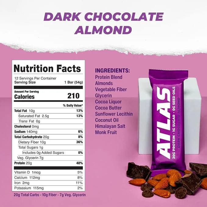 Atlas Protein Bar, 20g Protein, 1g Sugar, Clean Ingredients, Gluten Free (Dark Chocolate Almond, 12 Count (Pack of 1)) - P...