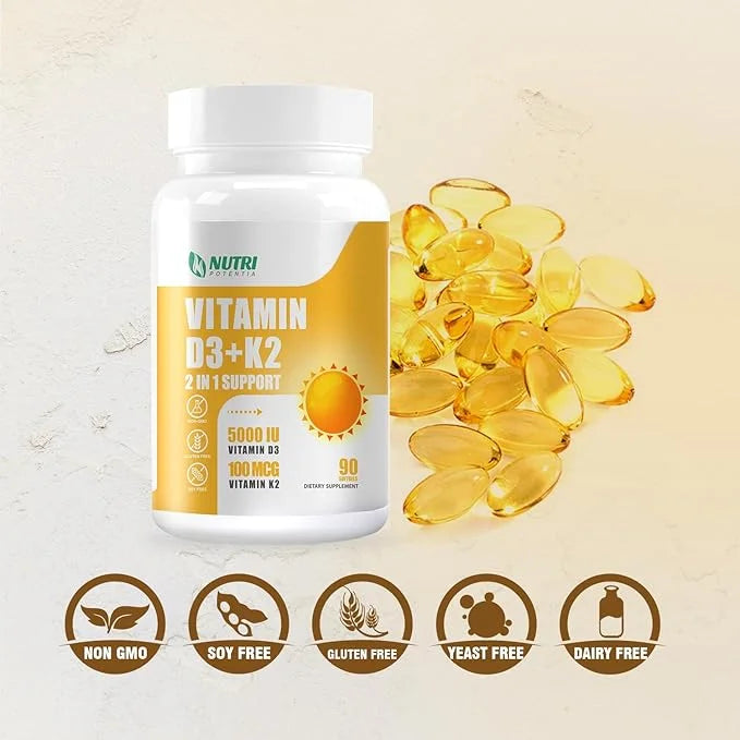 Vitamin D3 K2 Supplement with MCT Oil, Vitamin D3 5000 IU and K2 100 mcg Softgel, Bone and Heart Health Support Supplement...
