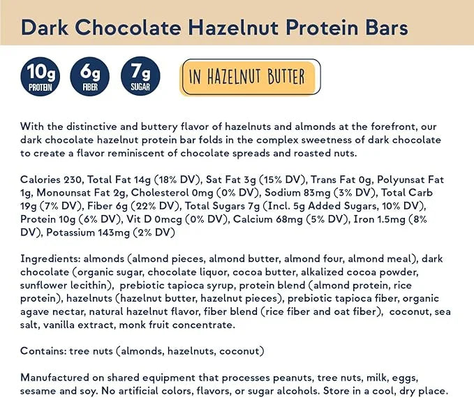 Zing Dark Chocolate Hazelnut Vegan Protein Bars, Gluten Free with High Protein, High Fiber, Dairy Free Nutrition Bars, Pla...