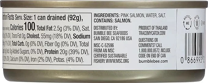 Bumble Bee Skinless & Boneless Canned Pink Salmon in Water, 5 oz Can - Premium Wild Caught Salmon - 20g Protein per Servin...