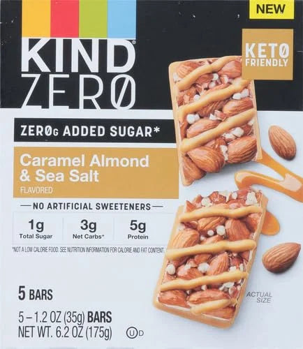 KIND ZERO Added Sugar Bars, Keto Snack, Caramel Almond and Sea Salt, Good Source of Fiber, Gluten Free, Low Sugar, 5g Prot...