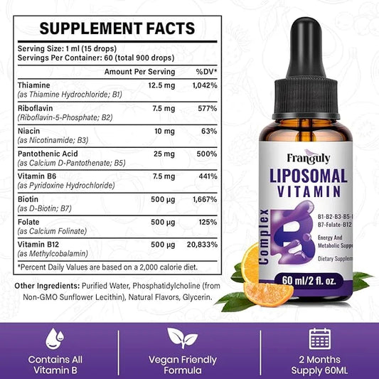 Liposomal Vitamin B Complex Liquid Sublingual B12,B1, B2, B2, B3, B3, B5, B5, B6,Folate,Biotin B6,Folate,Biotin for Suppor...