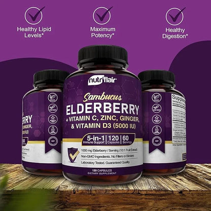 NutriFlair Sambucus Elderberry, 120 Veggie Capsules 5 in 1 Immune D3 5000 5000 IU, 2 Month