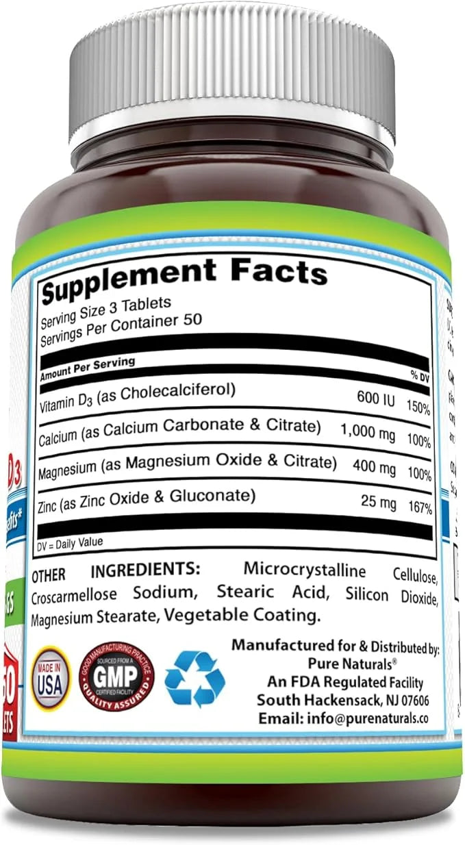 Pure Naturals Calcium Magnesium Zinc Vitamin D3 Supplement 1000mg, Magnesium 400mg, Zinc 25mg, Vitamin D3 600 600 IU (150 ...