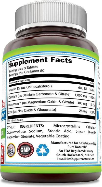 Pure Naturals Calcium Magnesium Zinc Vitamin D3 Supplement 1000mg, Magnesium 400mg, Zinc 25mg, Vitamin D3 600 600 IU (150 ...