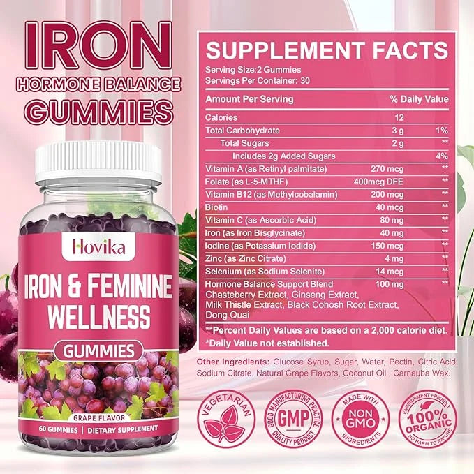 Iron & Hormone Balance for Women Gummies, 40mg Iron Supplement Anemia with multivitamin for Women, Zinc, Selenium, Iodine ...