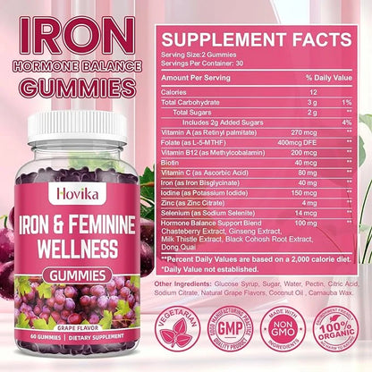 Iron & Hormone Balance for Women Gummies, 40mg Iron Supplement Anemia with multivitamin for Women, Zinc, Selenium, Iodine ...