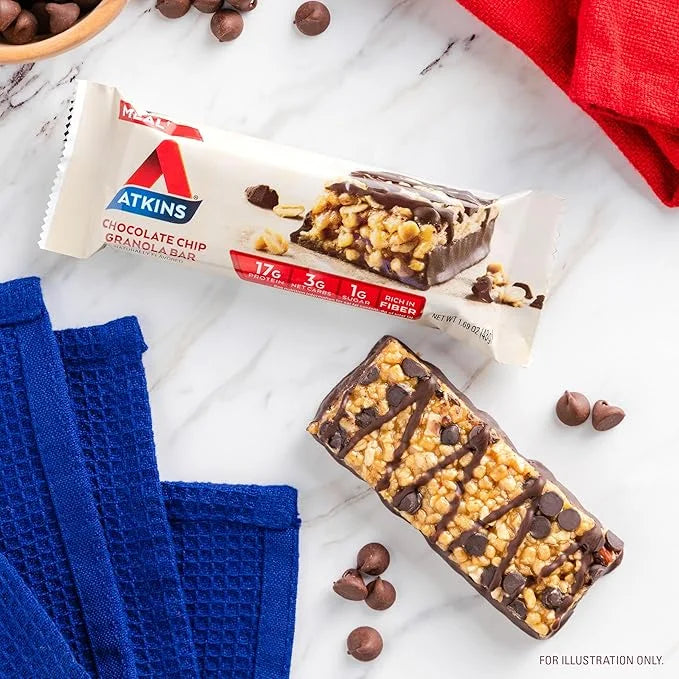 Atkins Chocolate Chip Granola Protein Meal Bar, High Fiber, 17g Protein, 1g Sugar, 3g Net Carbs, Meal Replacement, Keto Fr...