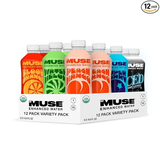 MyMuse Organic Enhanced Flavored Water, Variety Pack, 16.9 Fl Oz Bottle (12 pack), 1G of Sugar, Immune Support with Zinc &...