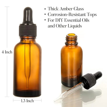 4 Pack, 1 oz Amber Glass Dropper Bottles Plus 2pcs Graduated Calibrated Glass Pipettes (1ml)- 30ml Dark Brown Tincture Bot...