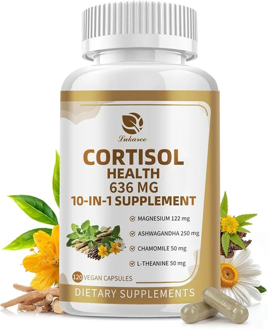10-in-1 Cortisol Supplements with Magnesium, Ashwagandha, Chamomile, L-Theanine, Phosphatidylserine, St. John's Wort, Rhod...
