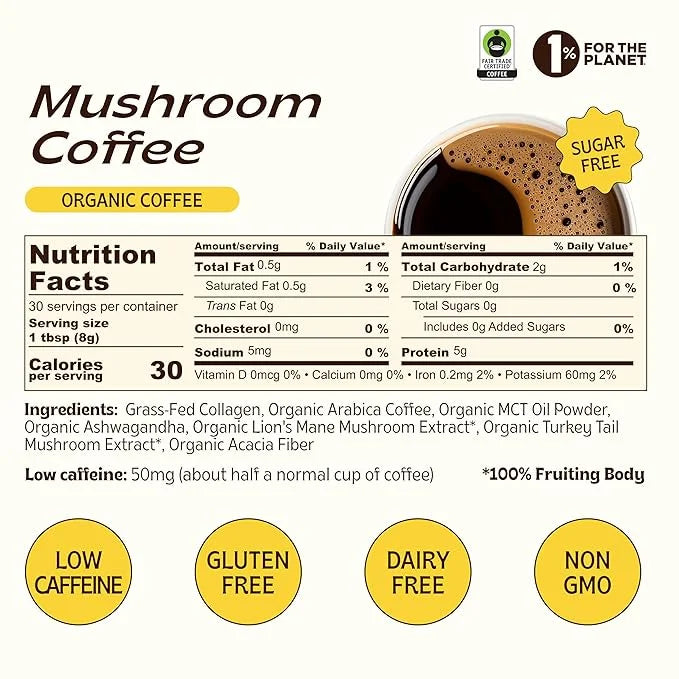 JIBBY Mushroom Coffee - Organic Instant Coffee Powder with Collagen, MCT Oil, Superfood Mushrooms - Detox Mushroom Coffee ...